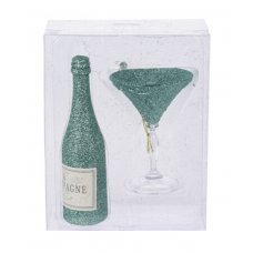 Χριστουγεννιάτικo Γυάλινo Ποτήρι και Μπουκάλι Σαμπάνιας Πράσινο - Σετ 2 τεμ. (9cm)